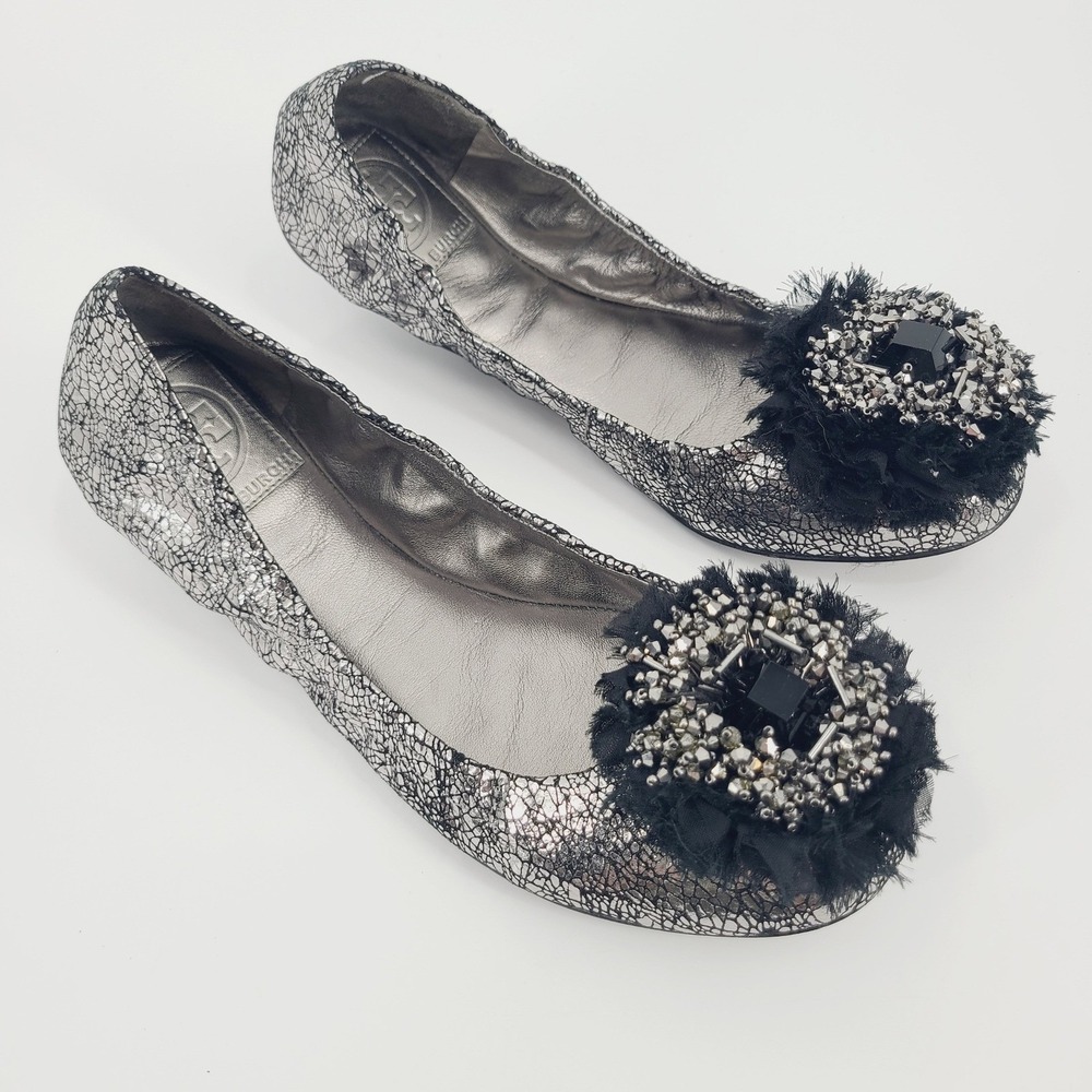 Tory Burch Crackle Leather Amelia Jeweled Crystal Bow Round Toe Flats Size 7M
